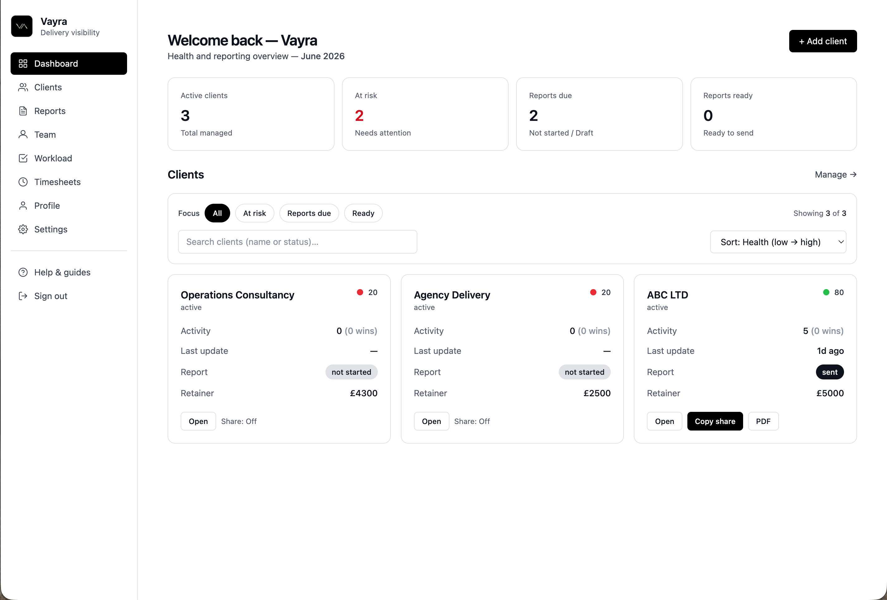 Vayra dashboard — client health and reporting overview